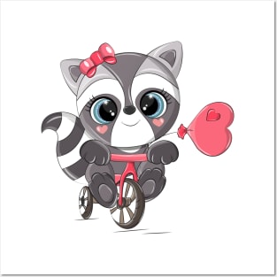 Cute raccoon on a red bike. Posters and Art